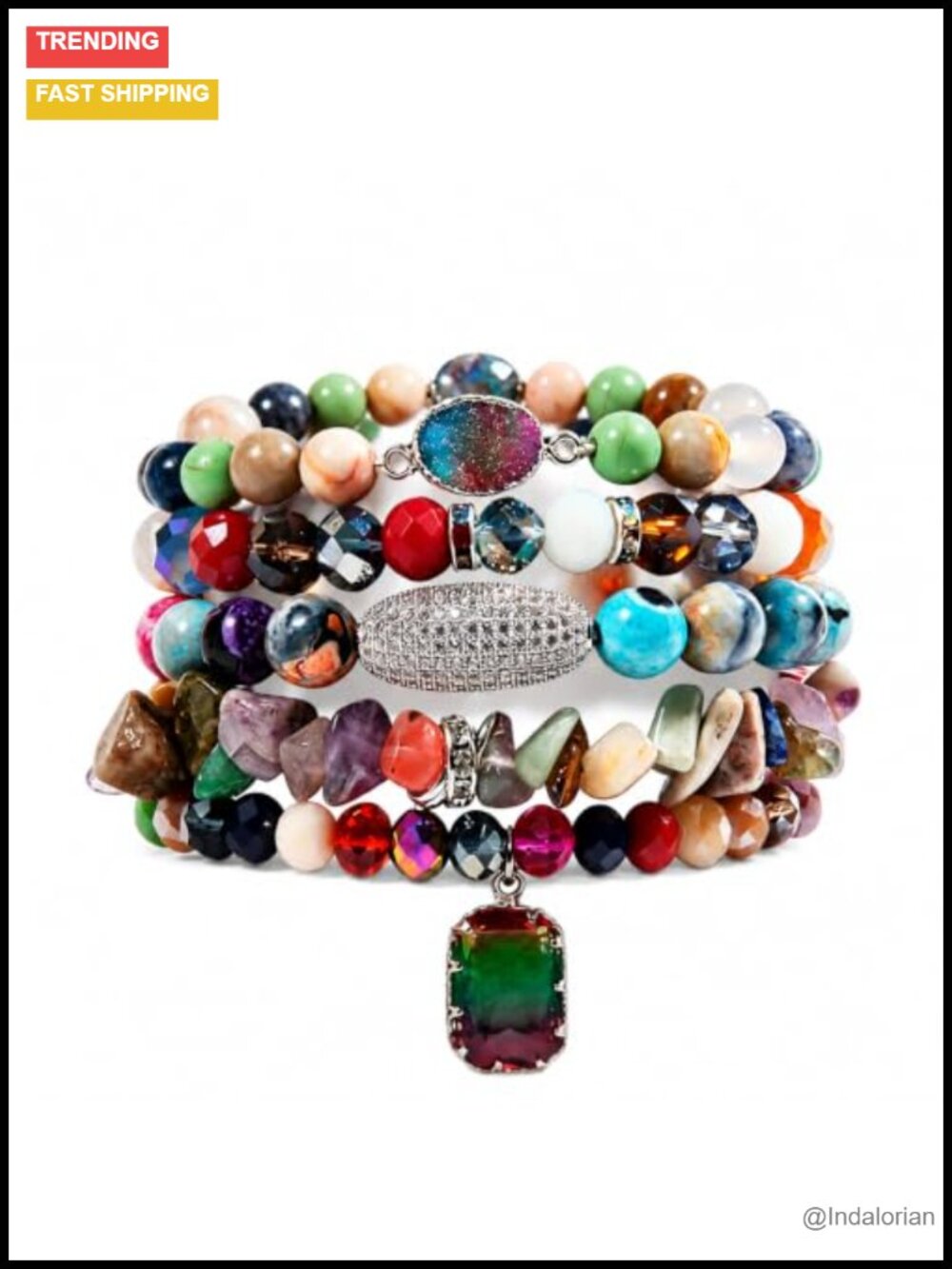 5Pc Boho Stackable Beaded Bracelets Crystal Agate Pendant Stretch Jewelry